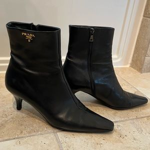 Prada Pointed Toe Kitten Heel Ankle Boots in Black Leather